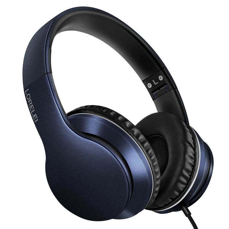 LORELEI X6 Over-Ear Headphones with Microphone, Lightweight Foldable & Portable Stereo Bass Headphones with 1.45M No-Tangle, Wired Headphones for Smartphone Tablet MP3 / 4 (Dark Blue) - Image 1